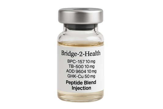 Bridge-2-Health BPC-157 10mg/ TB-500 10mg/ AOD 9604 10mg/ GHK-cu 50mg (Blend Peptide) injection vial
